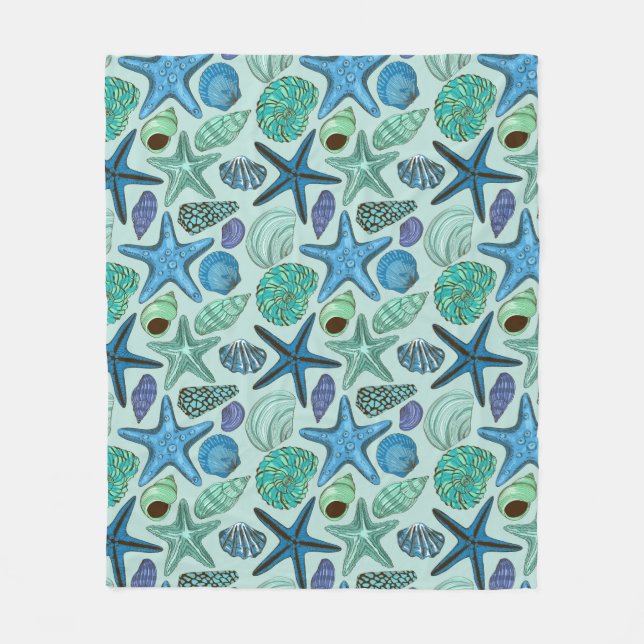 Skuggar av blåttsnäckskal och sjöstjärnamönster fleecefilt (Framsidan)