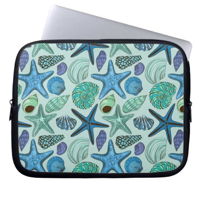 Skuggar av blåttsnäckskal och sjöstjärnamönster laptop sleeve (Framsidan)