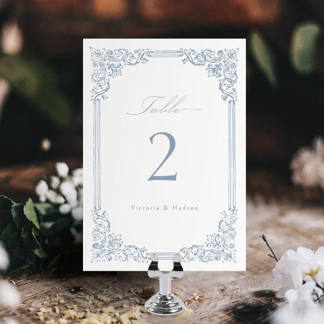 Skuggat skript för Ram-Eleganten i Dusty Blue Vint Bordsnummer (Dusty Blue Vintage Frame Elegant Script Wedding Table Number)