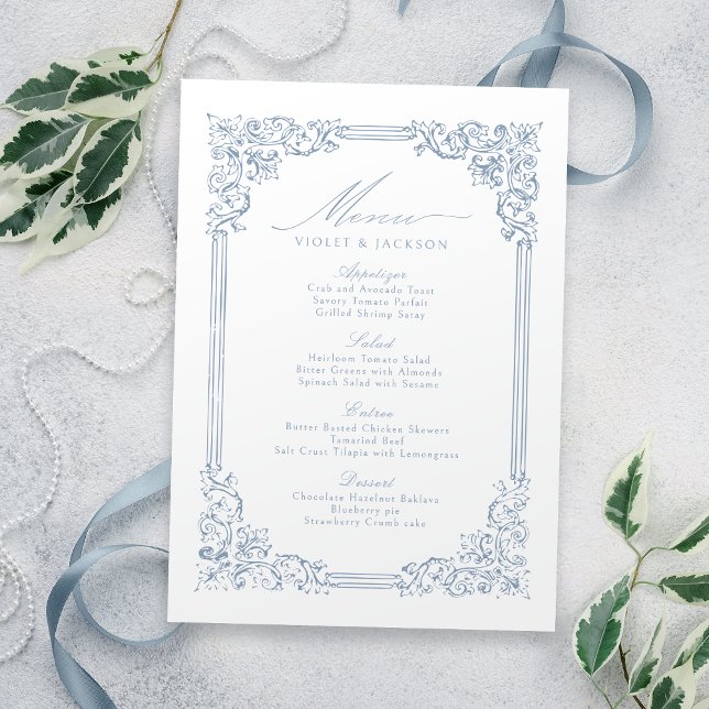 Skuggat skript för Ram-Eleganten i Dusty Blue Vint Meny (Dusty Blue Vintage Frame Elegant Script Wedding Menu)