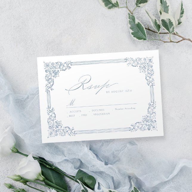 Skuggat skript för Ram-Eleganten i Dusty Blue Vint OSA Kort (Dusty Blue Vintage Frame Elegant Script Wedding RSVP Card)