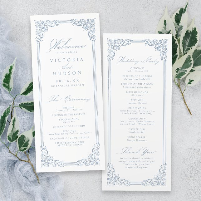Skuggat skript för Ram-Eleganten i Dusty Blue Vint Program (Dusty Blue Vintage Frame Elegant Script Wedding Program)