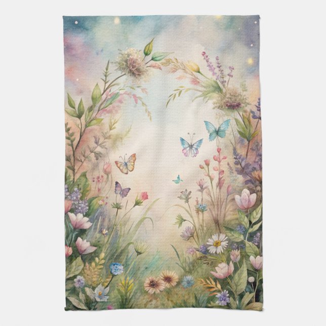 Skuggblommor och fjärilar kökshandduk (Vertikal)