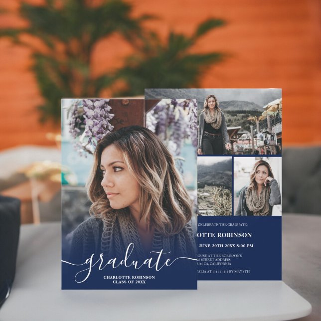 Skuggfoto för marint blåblått student studenten inbjudningar (Navy blue graduate script photo graduation invitation)