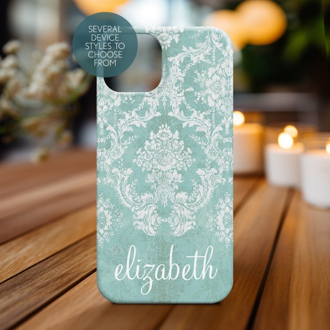 Skuggmönster för isblå Vintage med grungy Avslutar (Personalized Phone Case - Shabby Chic Vintage Damask Pattern with Custom Name)
