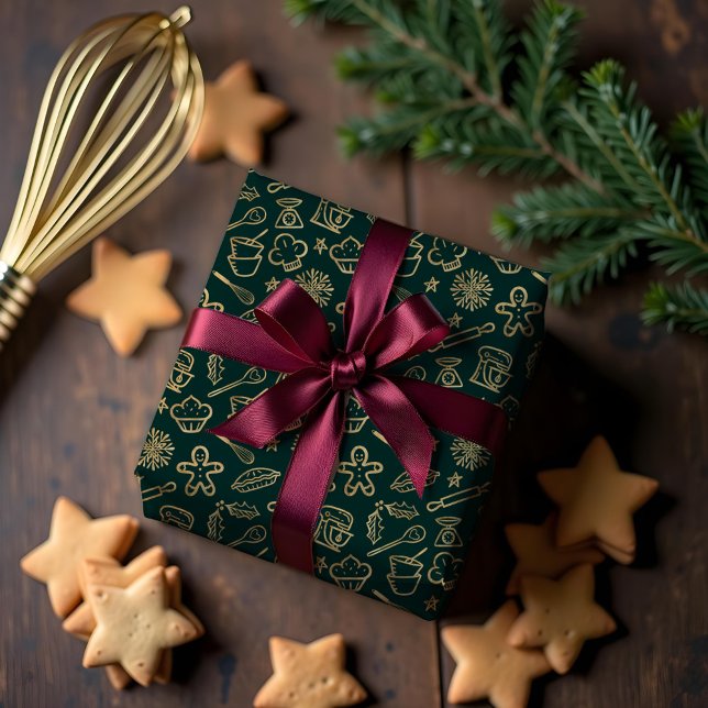 Skuggning av Guld och Grönt julbrant på Mönster Presentpapper (Shimmering Gold & Green Christmas Baking Pattern Wrapping Paper)