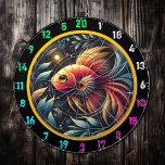 Skuggning av spel för betatavärdartboard darttavla<br><div class="desc">Skruva ditt spelrum eller din mangrotta med den Shimmering Betta Dartboard-speluppsättningen. Med en fantastisk bettafisk i stora mängder turkos, magenta och guld ger den här ritytan undervattenslivets skönhet till väggen. De glödande gyllene bubblorna på en svart bakgrund ger en dramatisk beröring och skapar den perfektens mittpunkt för alla underhållningsutrymmen. Den...</div>