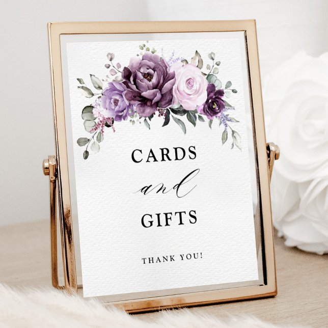 Skuggor av desteri Lila Blooms-kort och presentkor Poster (Shades of dusty purple bloom cards and gifts wedding sign)