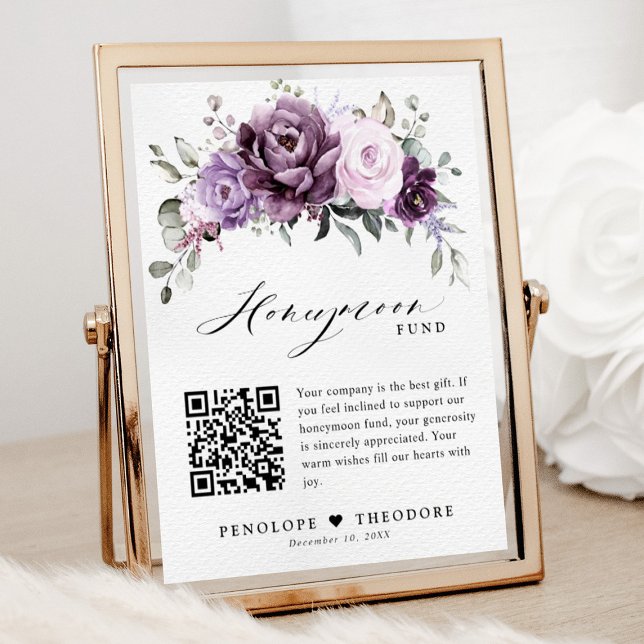 Skuggor av Dusty Lila Blooms Honeymoon Fund Sign Poster (Shades of dusty purple blooms floral honeymoon fund sign)
