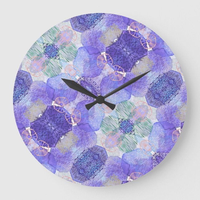 Skuggor av Lavender och Grönt Abstrakt Flowers Stor Klocka (Framsida)