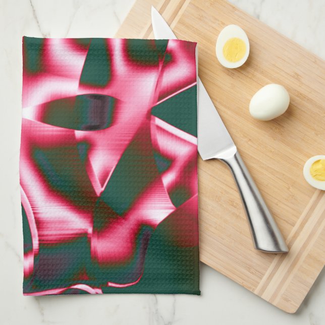 Skuggor av röd rosa på abstrakt band upp mörk cyan kökshandduk (Vikt i Fjärdedel)