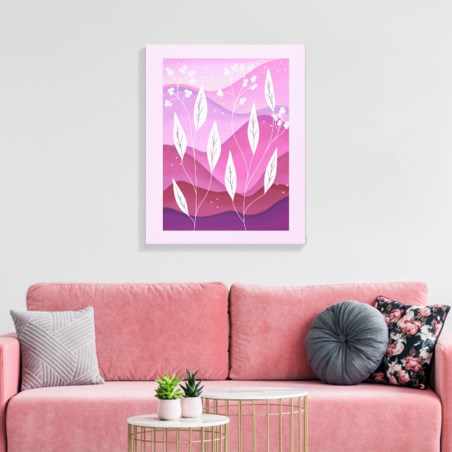 Skuggor av Rosa White Löv Stretched Kanvastryck (Insitu (Vardagsrum))