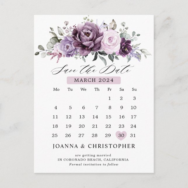 Skuggor i Dusty Lila Calendar Spara datum Vykort (Framsida)