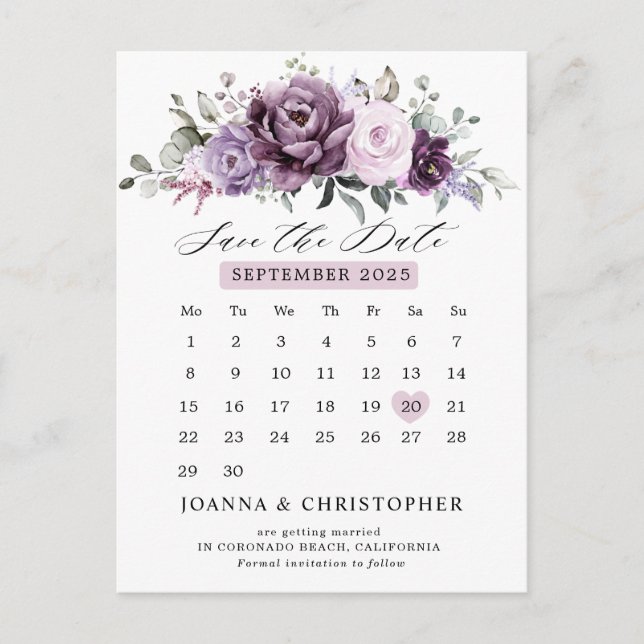 Skuggor i Dusty Lila Calendar Spara datum Vykort (Framsida)
