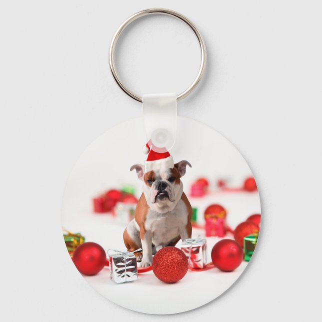 Skuldhund julklapp Ornament Red Santa Hat Nyckelring (Framsida)