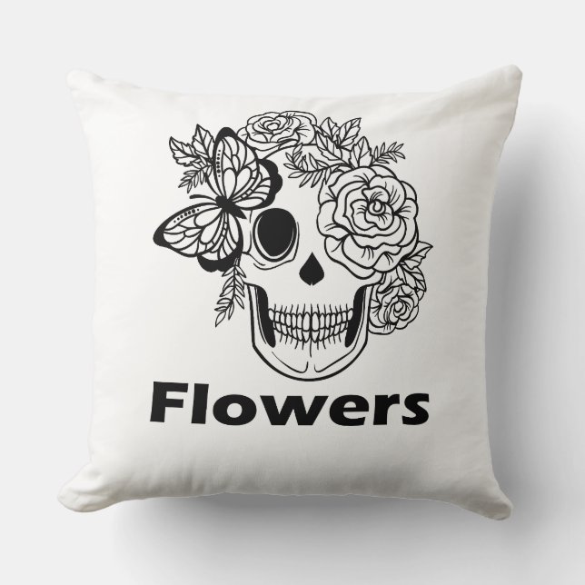 Skull and Flowers black and white Kudde (Framsida)