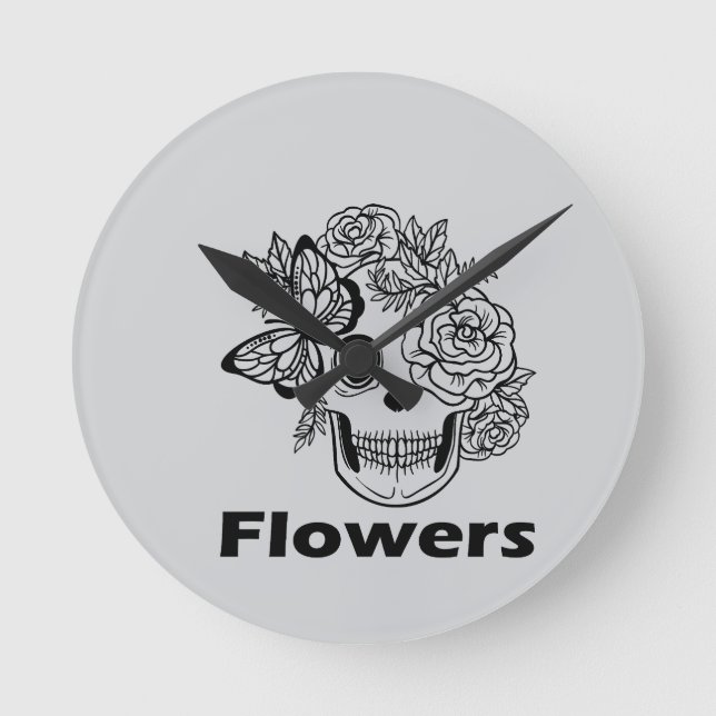Skull and Flowers black and white Rund Klocka (Framsida)