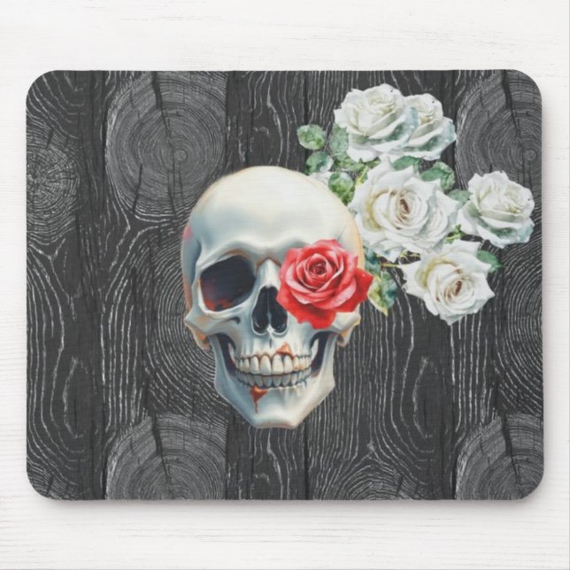 Skull and Roses Wood Texture Mouse Pad Musmatta (Framsidan)