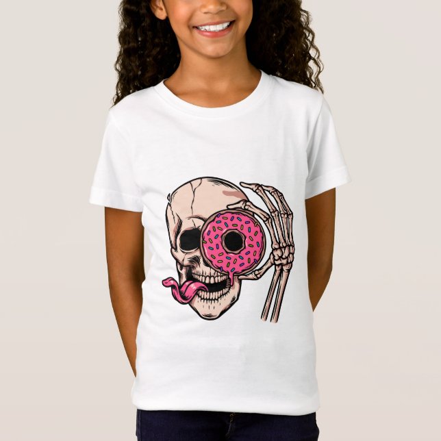 Skull Ansikte med Donut mörk humor söt och sur T Shirt (Framsida)