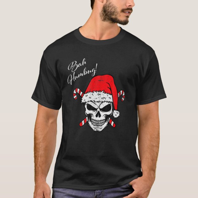 Skull Bah Humbug Funny jul Candy Santa Hat S T Shirt (Framsida)