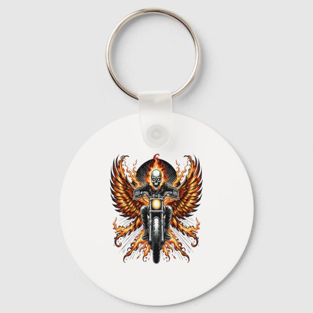Skull Biker Flame Winged Motorcykel Nyckelring (Framsida)