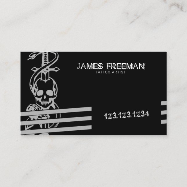 Skull Black Modern Mörk Grunge Tattoo Artist Visitkort (Framsida)