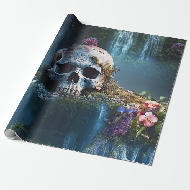 Skull bland vattenfall och blommor presentpapper (Utrullad)