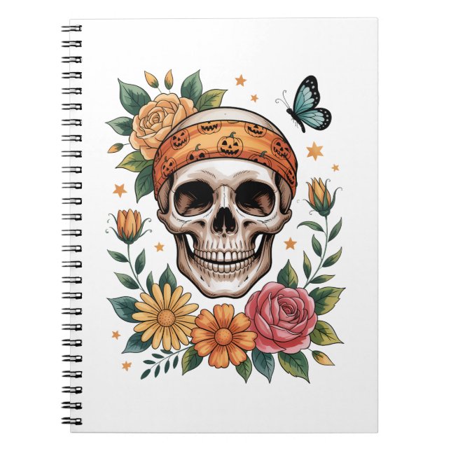 Skull Blommigt Halloween Spooky Anteckningsbok (Framsidan)