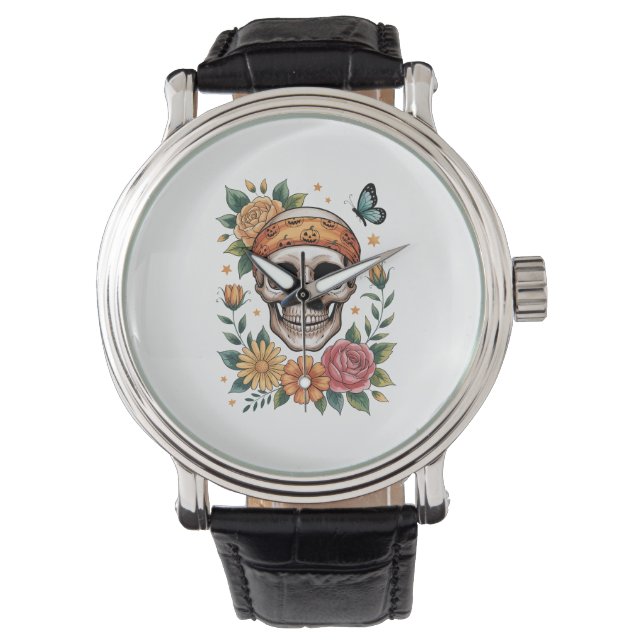 Skull Blommigt Halloween Spooky Armbandsur (Framsida)