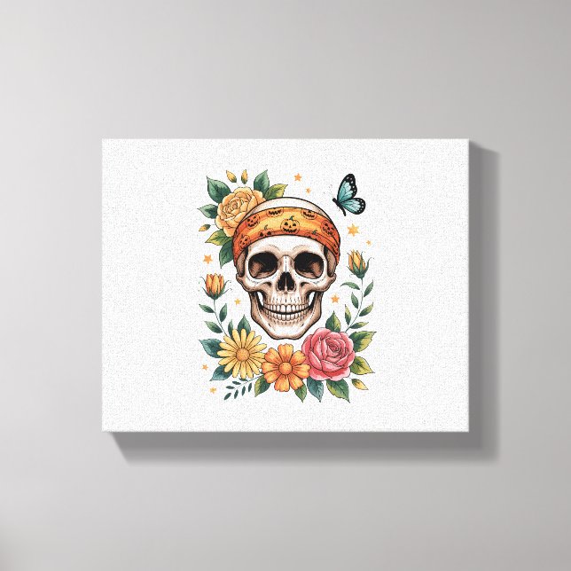 Skull Blommigt Halloween Spooky Canvastryck (Framsida)