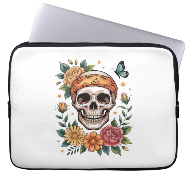 Skull Blommigt Halloween Spooky Laptop Fodral (Framsidan)