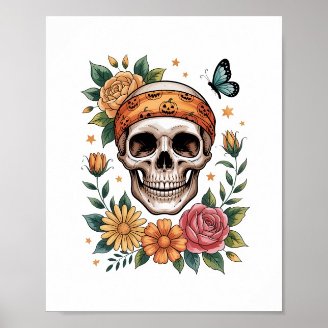 Skull Blommigt Halloween Spooky Poster (Framsidan)
