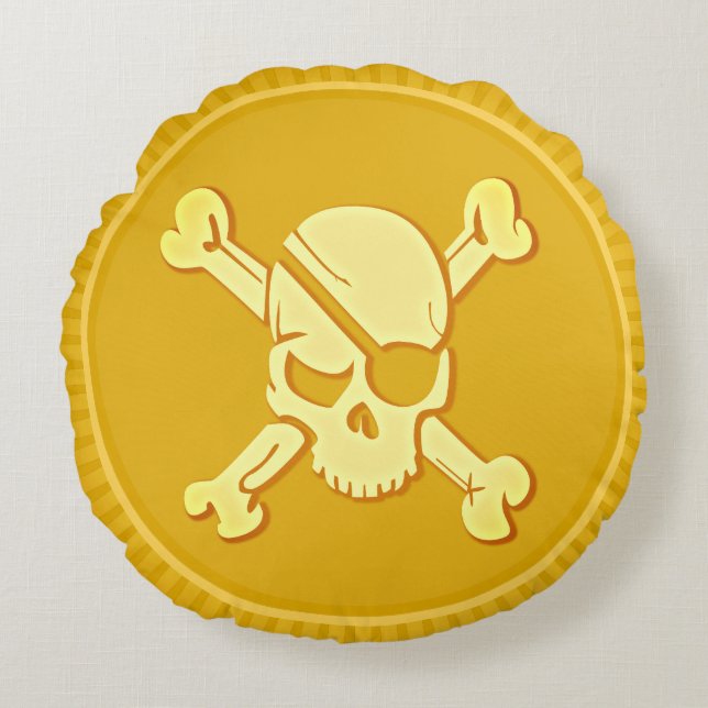 Skull & Bones Pirat Dubloon Coin Treasure Rund Kudde (Framsidan)
