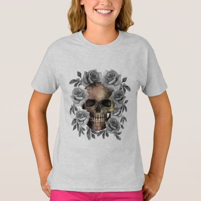 SKULL BOUQUET FLOWERS BLACK AND WHITE T SHIRT (Framsida)