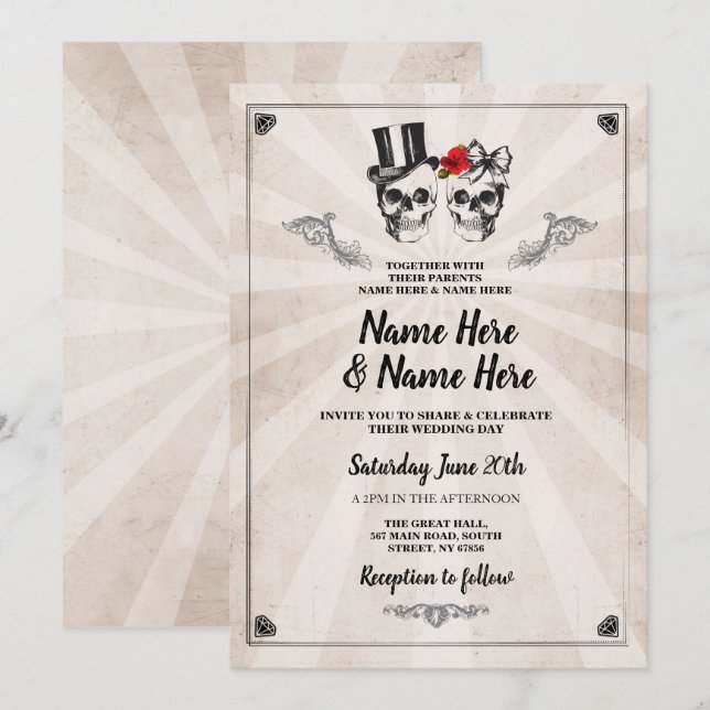 Skull Bröllop Halloween Gothic Cream Inbjudan (Fram/baksida)