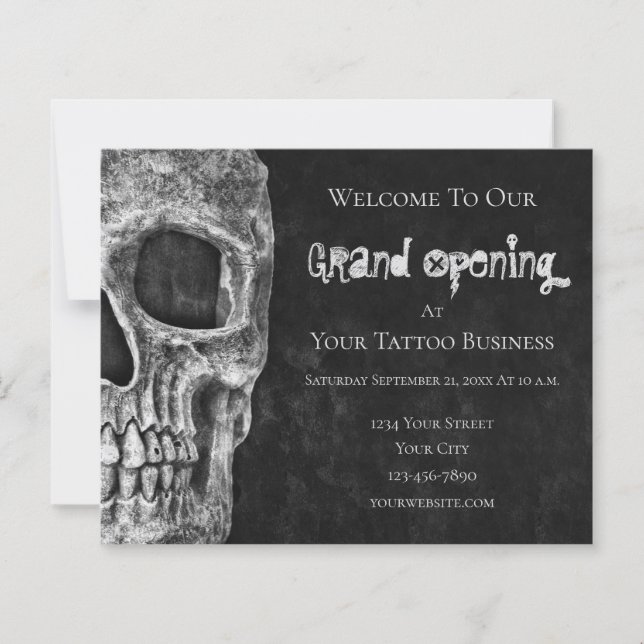 Skull Budget Grand Open Black White Tatto Shop (Framsida)