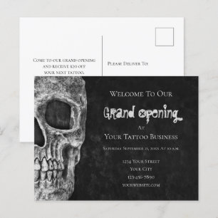 Skull Budget Grand Open Black White Tatto Shop Vykort