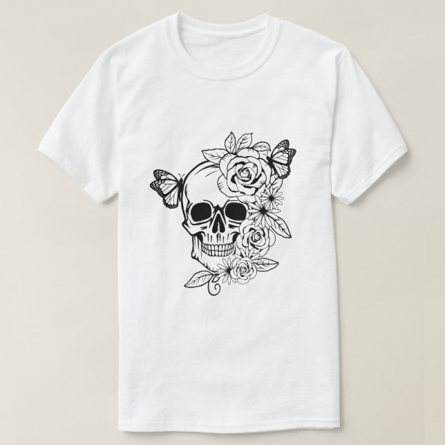 Skull Butterfly Blommigt Art T Shirt (Design framsida)