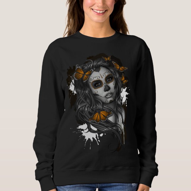 Skull Butterfly Sugar Skull  sad emo girl y2k goth T Shirt (Framsida)