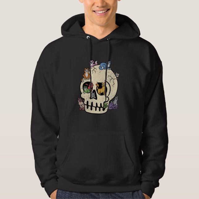 Skull Cats Halloween Skeleton Bones Kitten Manar W Hoodie (Framsida)