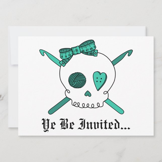 Skull & Crochet Krok (turkos) Inbjudningar (Framsida)
