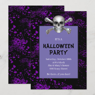 Skull Crossbone Lila Splattered Halloween fest Inbjudningar