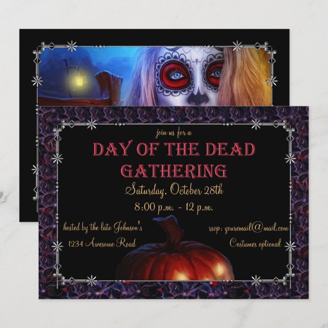 Skull Dam & Jack-o-lantern Dias de los Muertos Inbjudningar (Fram/baksida)