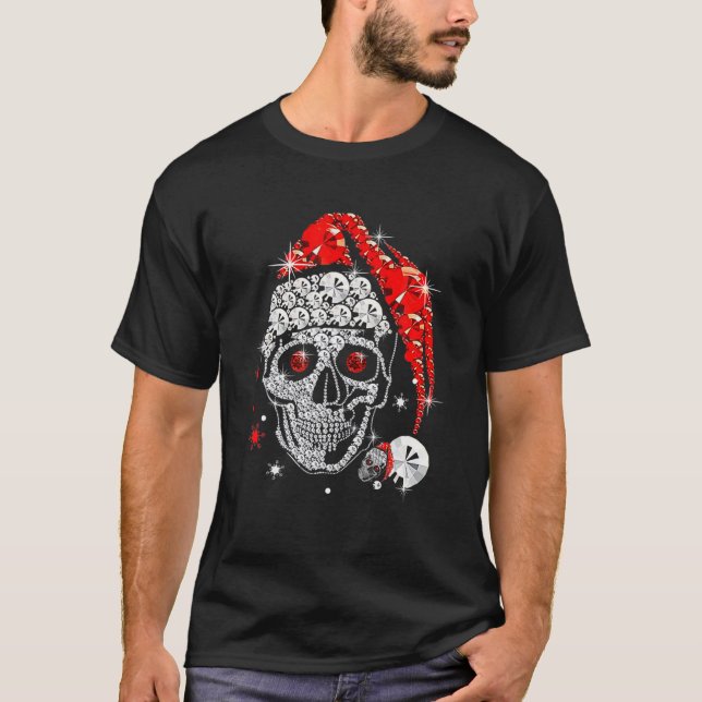 Skull Diamond Wearing Jultomten Hat Merry Kristus T Shirt (Framsida)