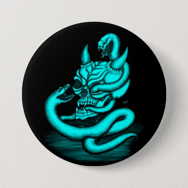 Skull - Djävulen huvud med orm Knapp (Framsida)