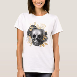 Skull en bukett av vintage ro faux guld foliage t shirt