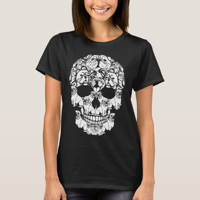 Skull, engelska Bulldog Hund Gifts Funny Halloween T Shirt (Framsida)