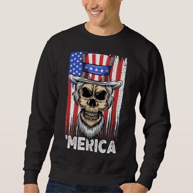 Skull farbror Sam 4:e juli USA flagga Merica Indep Lång Ärmad Tröja (Framsida)