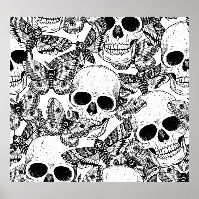 Skull, fjärilar: handdragen vintage mönster poster (Framsidan)