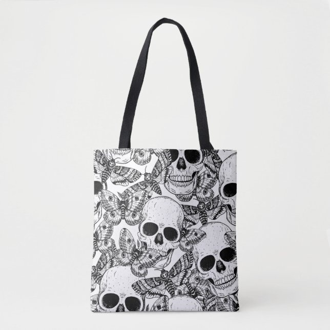 Skull, fjärilar: handdragen vintage mönster tygkasse (Framsida)